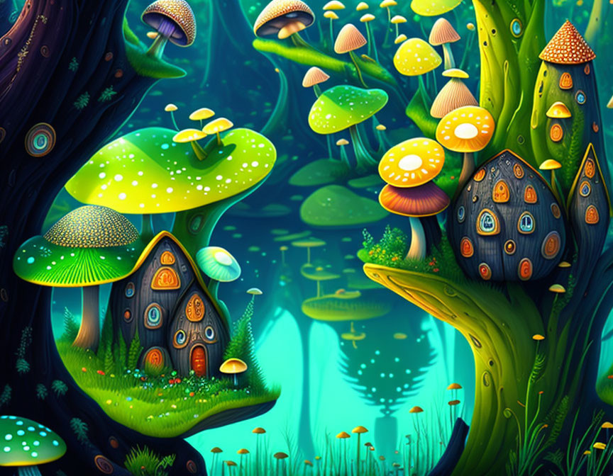 Enchanted forest scene with whimsical mushroom houses