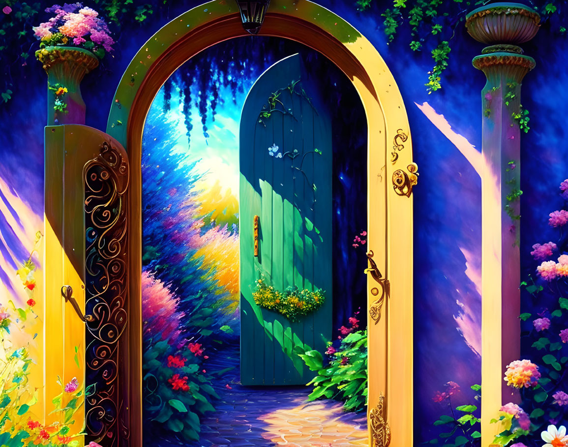 Colorful Artwork of Ornate Gate, Magical Garden, Path, and Mystical Light