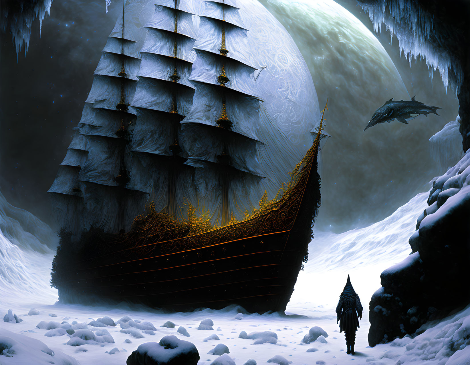 Cloaked figure in snowy landscape gazes at ornate sailing ship under icy ceiling with looming planet