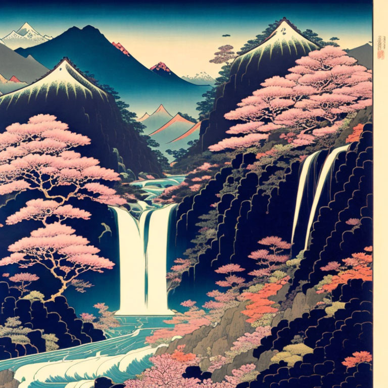 Japanese Woodblock Print: Pink Cherry Blossoms, Mountains, Waterfall