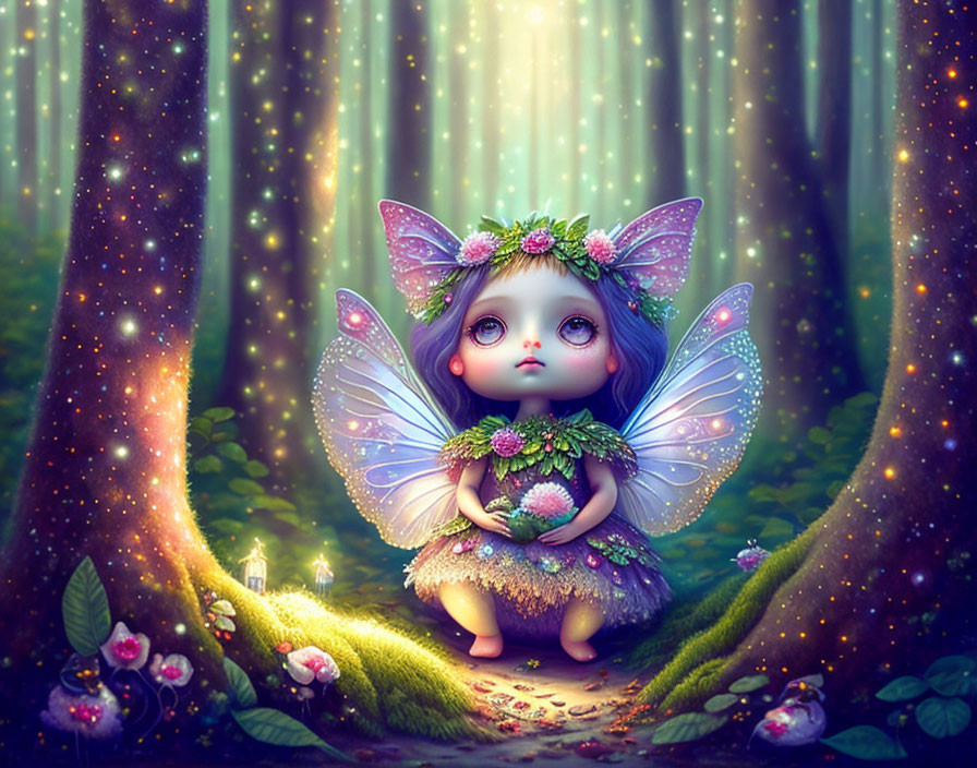 Whimsical fairy with butterfly wings in magical forest