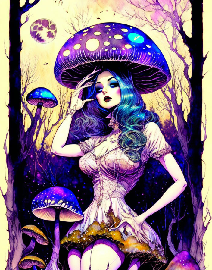 Stylized woman with blue hair in fantastical forest with purple mushrooms