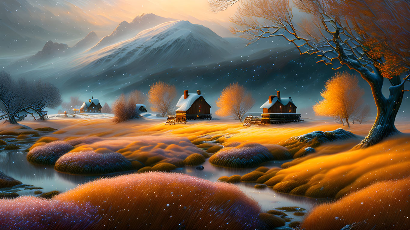 Snow-covered cottages, barren tree, glowing lights in serene winter dusk.