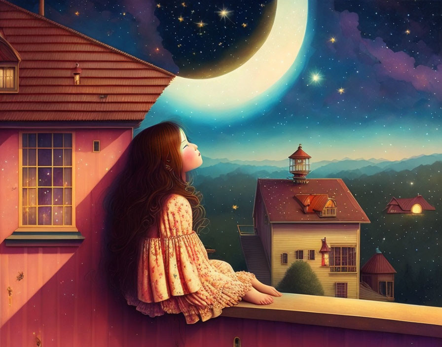 Girl on balcony admiring crescent moon and starry sky over quaint village.