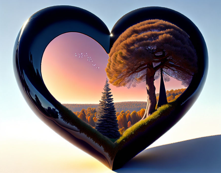 Heart-shaped frame with tree at sunrise, birds flying, forest background