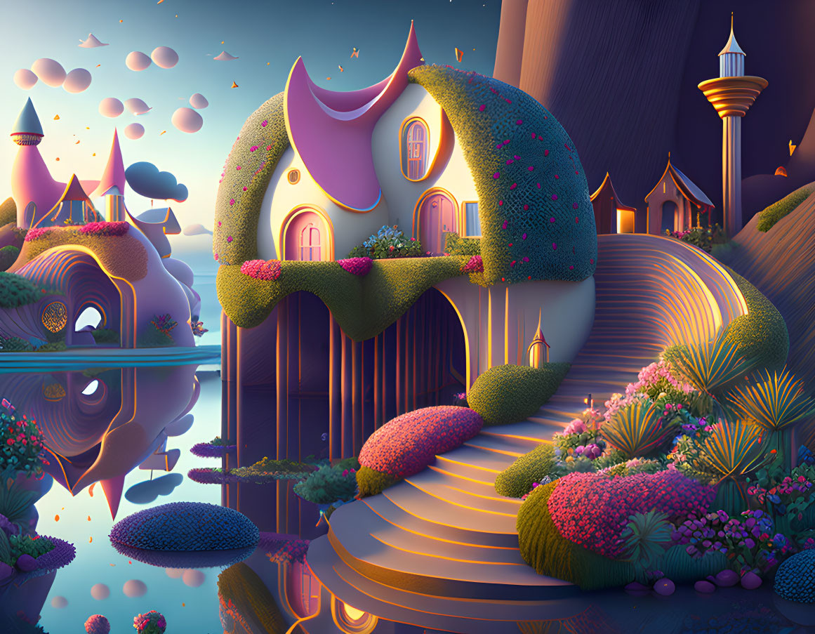 Vibrant mystical landscape with fantastical structures