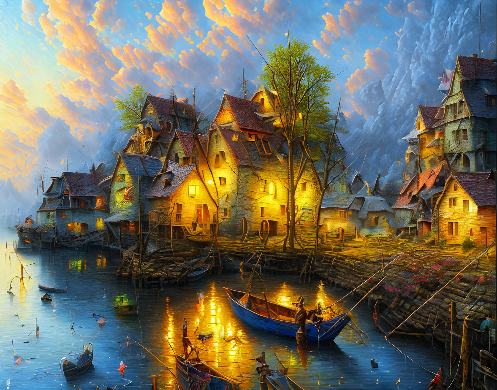 Scenic sunset village painting with boats at wooden pier