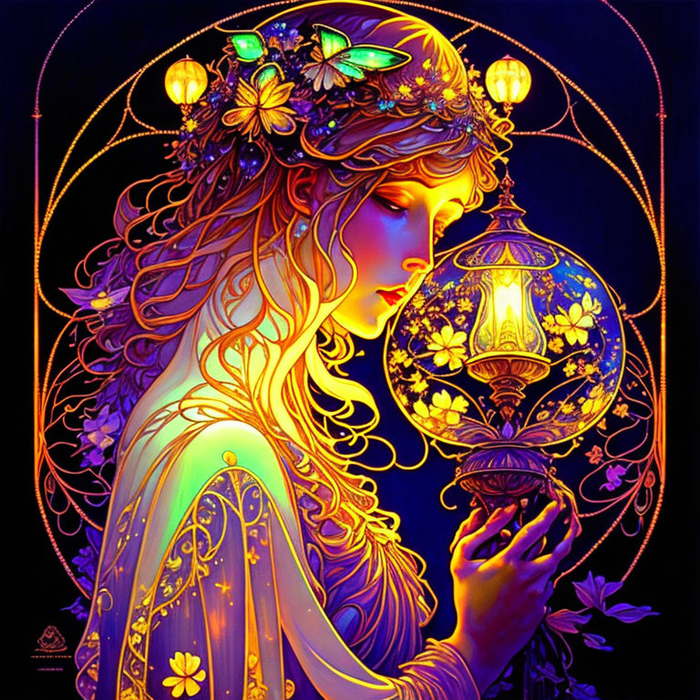 Detailed illustration of woman with flowing hair holding lantern, surrounded by glowing butterflies and intricate patterns on dark background