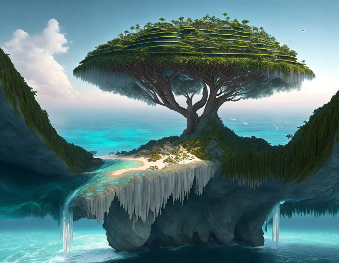 Fantastical floating island with tree, waterfalls, lush greenery above turquoise sea