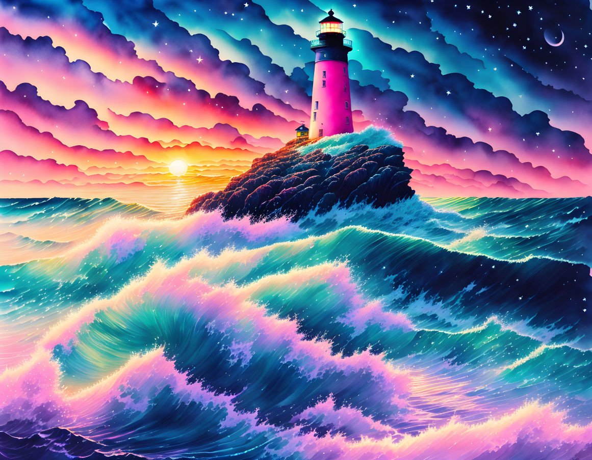 Vibrant digital art: lighthouse on cliff, vivid waves, purple sunset sky