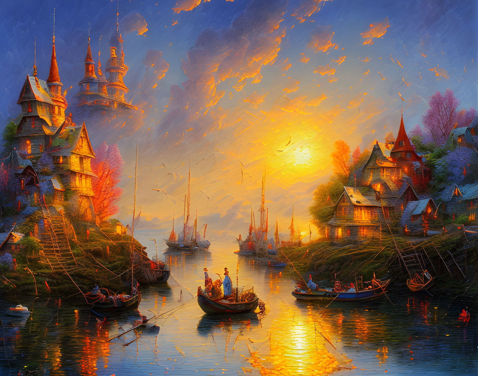 Fantasy sunset scene over tranquil river with boats and glowing skies