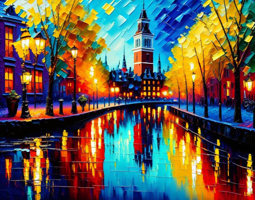 Vibrant impressionistic painting of a canal scene at night