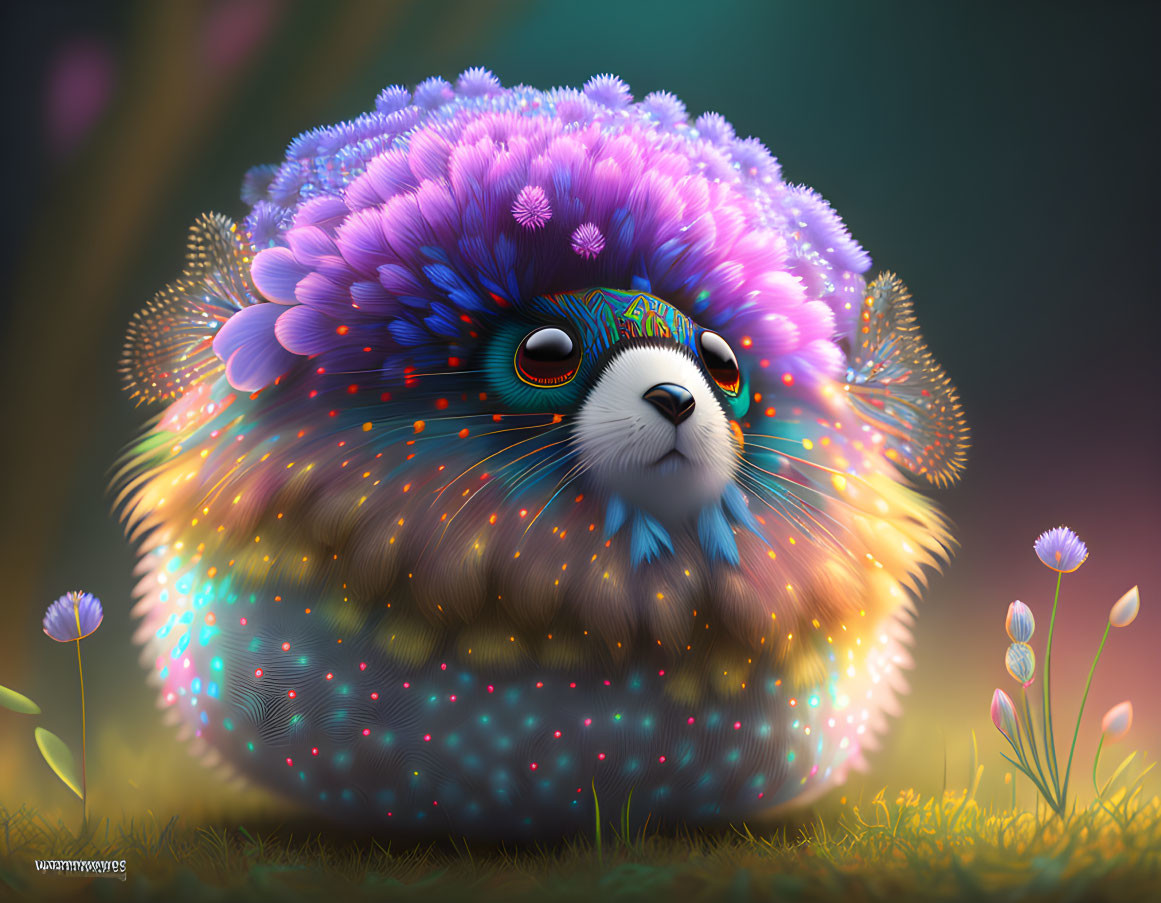 Colorful Fluffy Creature in Purple, Blue, and Pink Fur with Glowing Lights