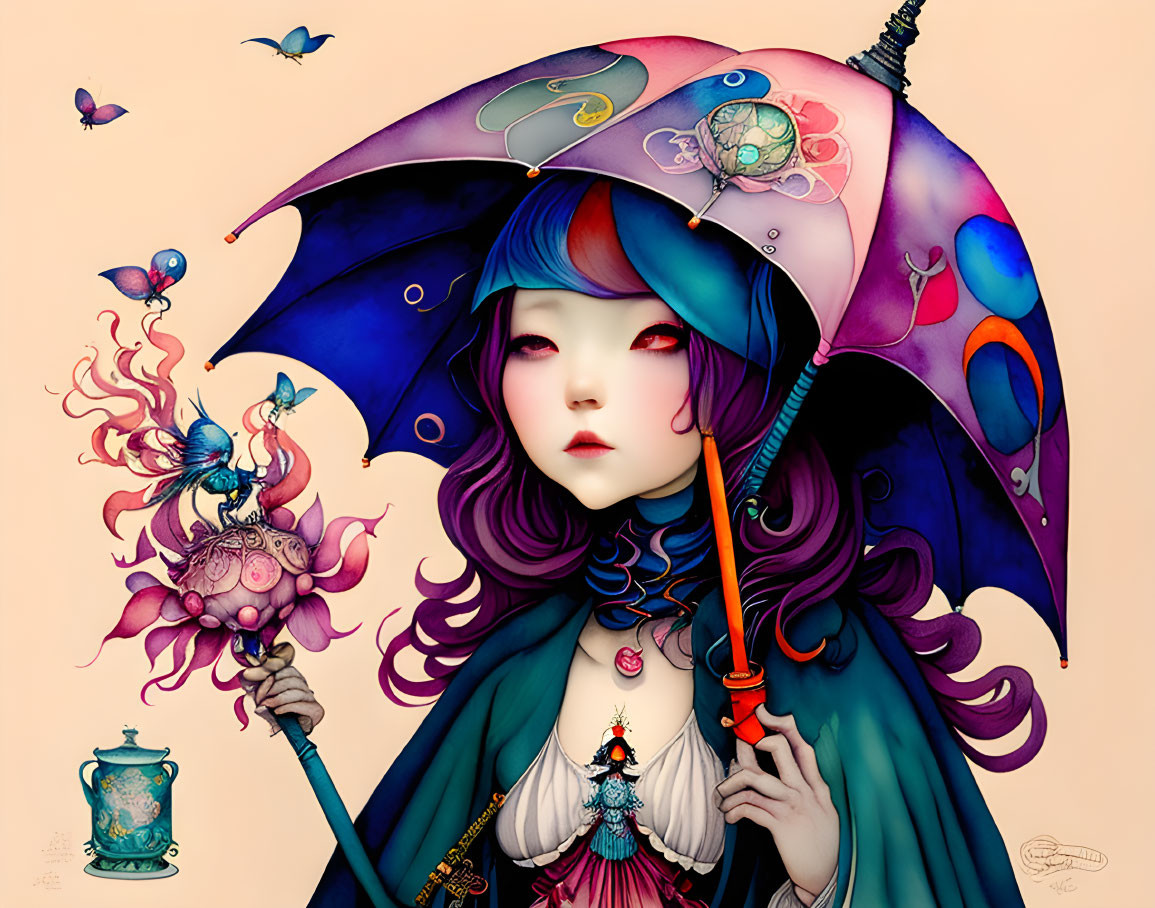 Illustrated Female Character with Blue Hair Holding Ornate Umbrella and Staff among Whimsical Creatures on