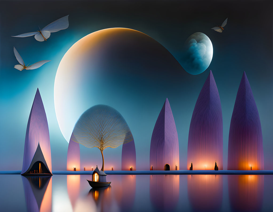 Surreal landscape with stylized trees, boat, eclipsed sun, moon, and butterflies over