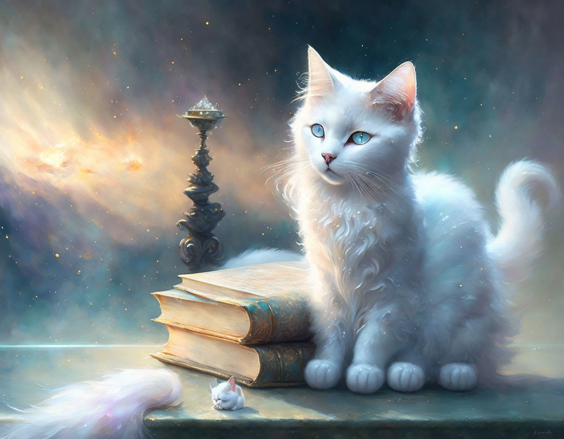 Fluffy white cat with blue eyes beside antique books and cosmic backdrop