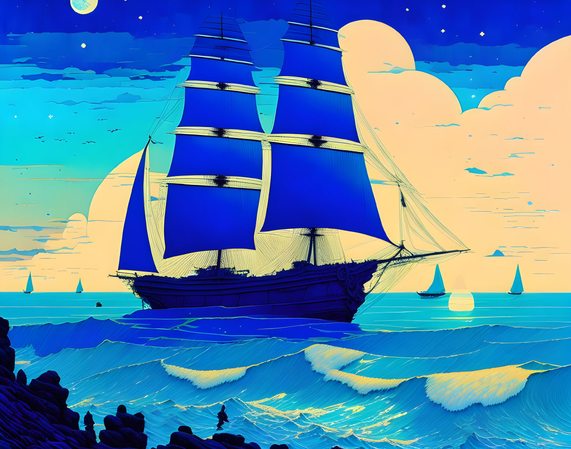 Colorful sailing ship painting with rocky shoreline and clouds.