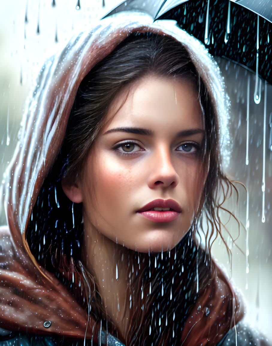 Woman in hooded jacket standing in rain with umbrella, water droplets falling around her.