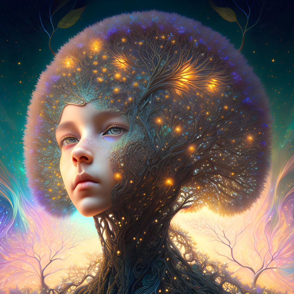 Surreal portrait of female figure merging with tree under star-filled canopy