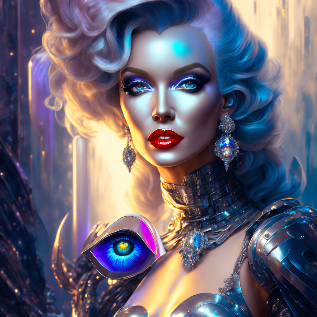 Futuristic digital artwork: Blue-skinned woman in silver armor