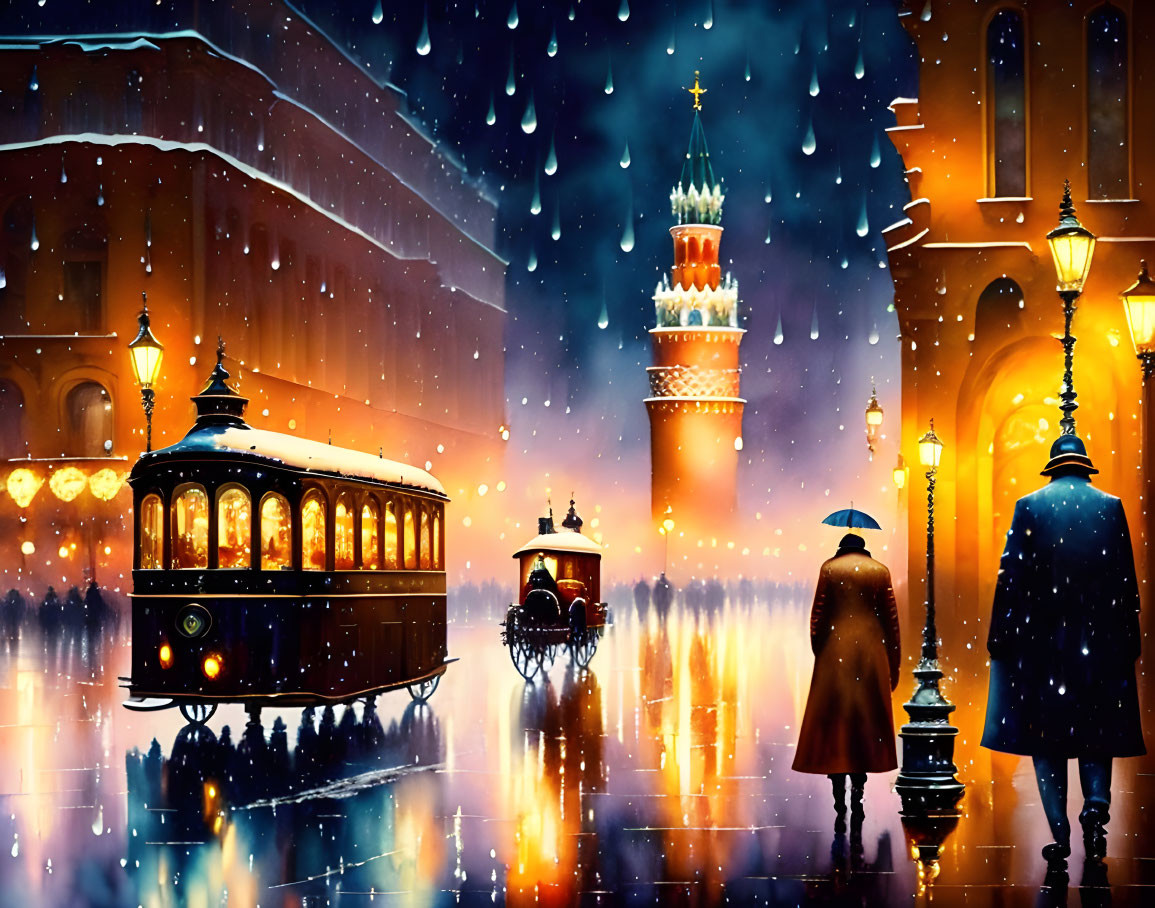 Snowy Night Scene with Illuminated Tram and Historical Architecture