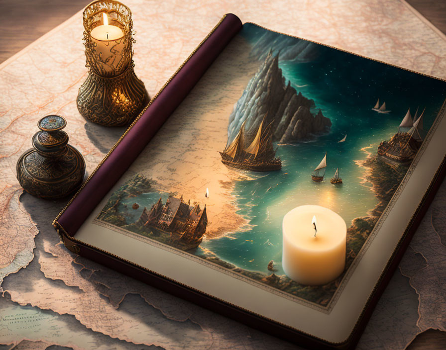 Vivid ship illustration in open book with candles and jars on map surface