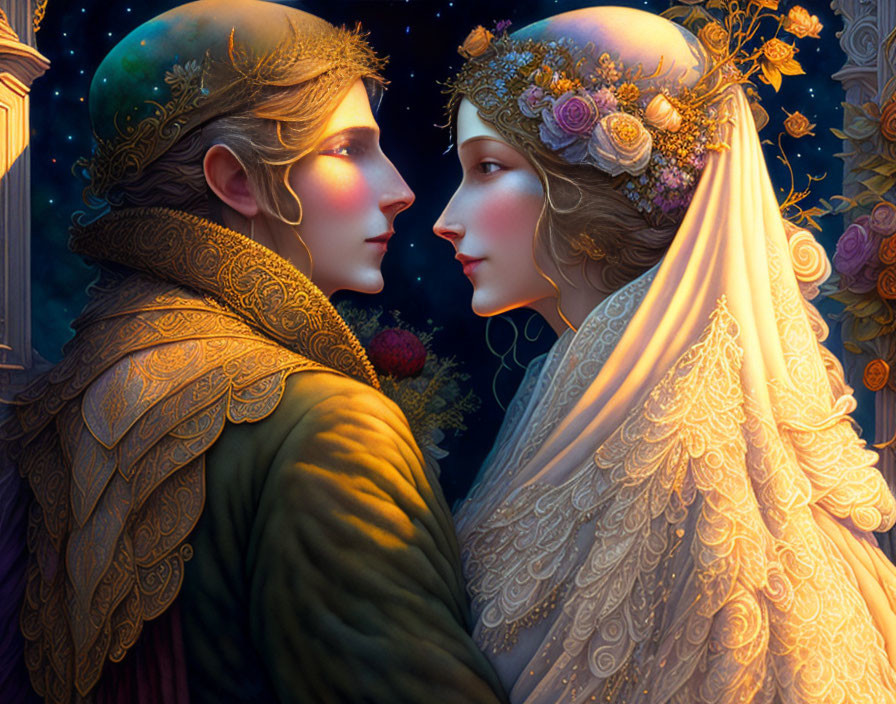 Fantasy couple digital artwork with elaborate headgear and regal clothing against night sky.