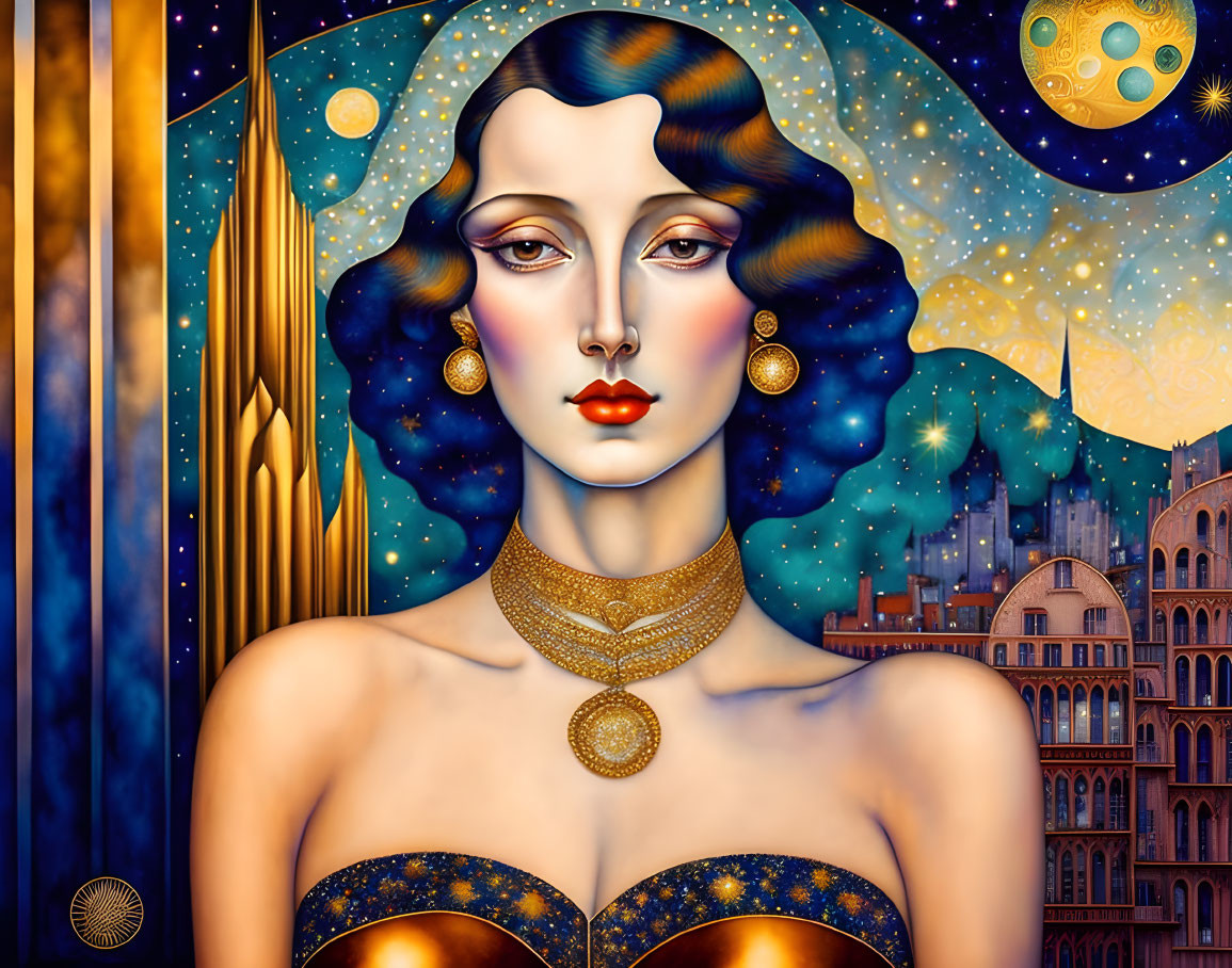 Art Deco Style Woman Illustration with Starry Night Motif