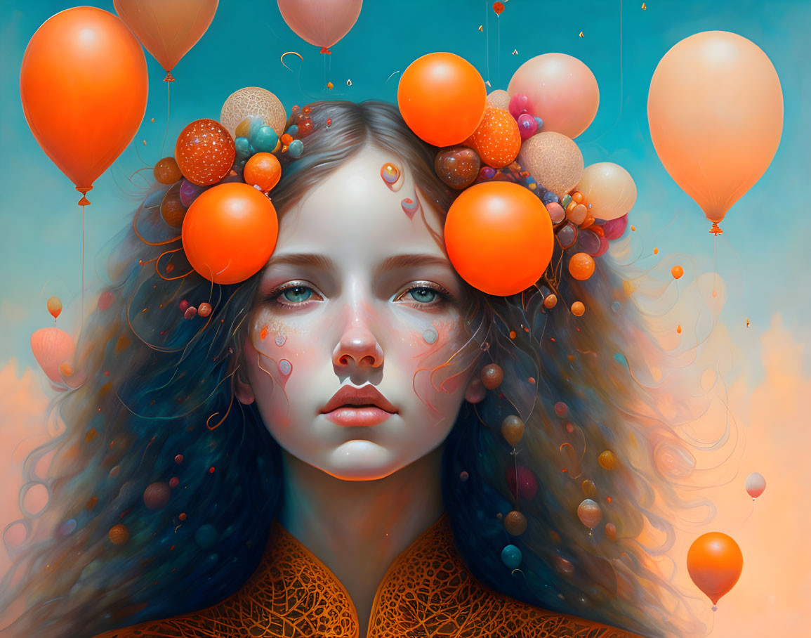 Blue-haired girl with orange balloons and spherical elements on blue background