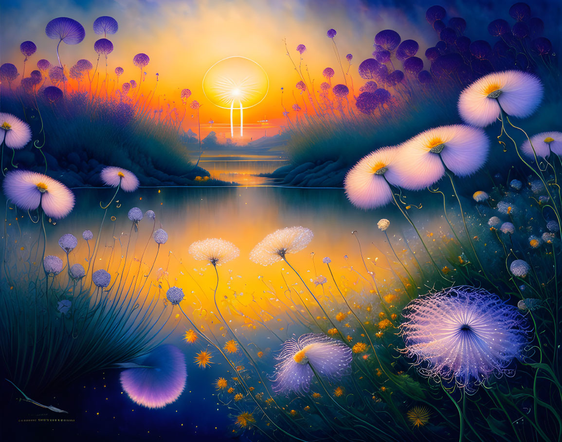 Fantasy landscape with luminescent dandelions, serene river, and colorful sunset.