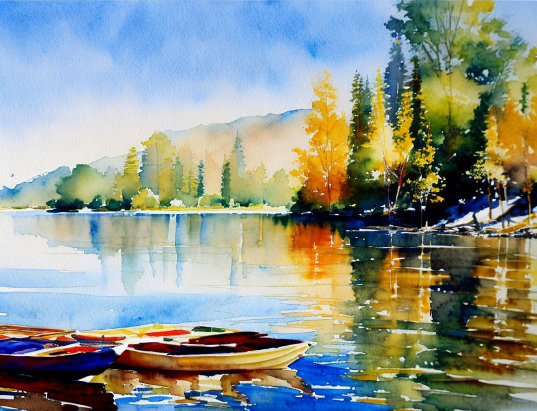 Serene lakeside watercolor landscape with canoe and autumn foliage.