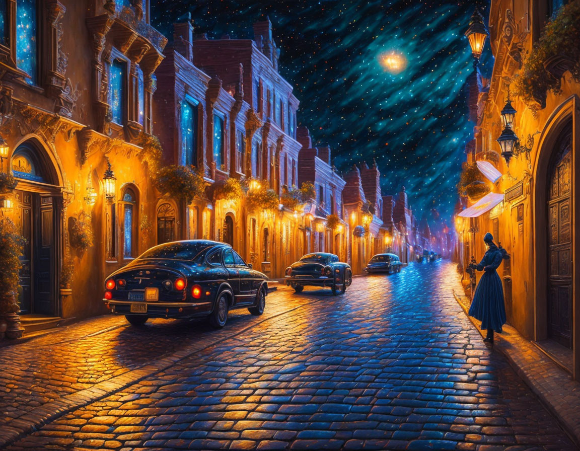 Vintage cars and historical figure on cobblestone street at night under starry sky