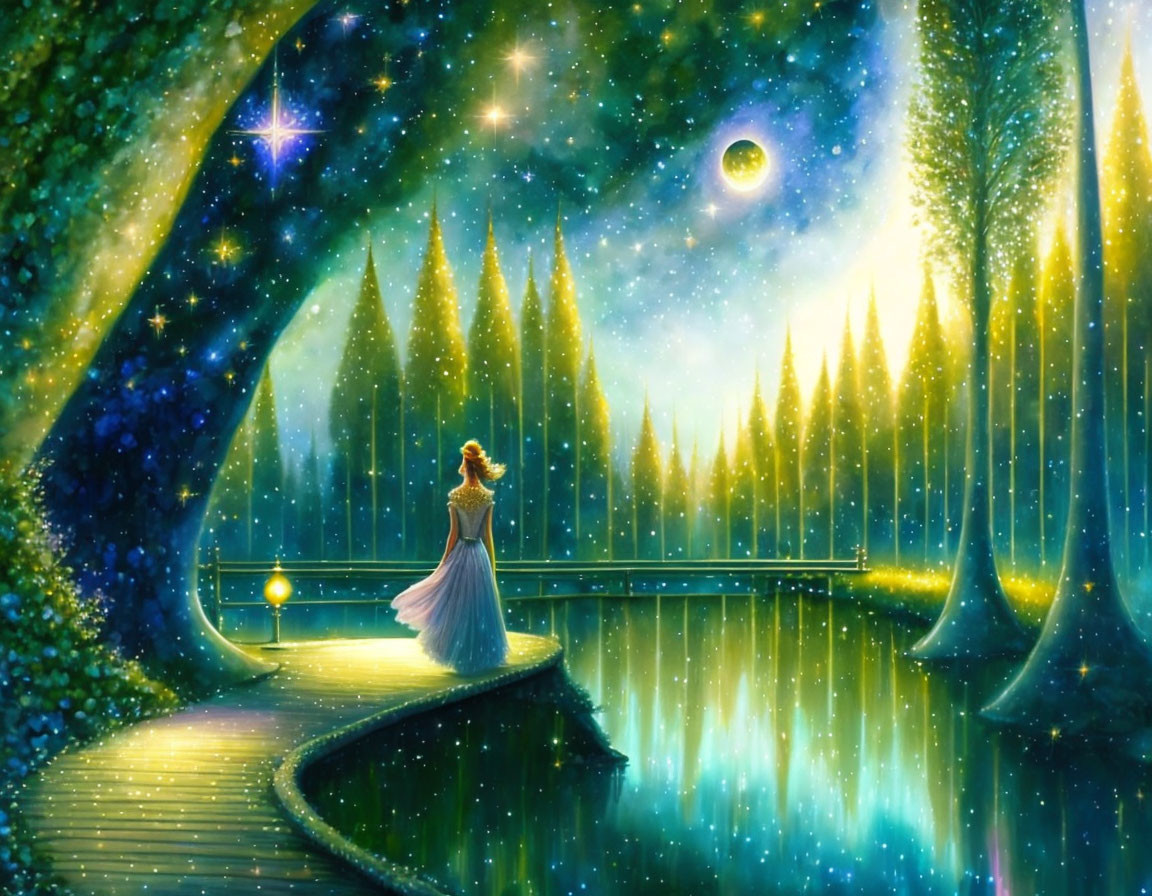 Woman in flowing dress on bridge in magical forest under starlit sky