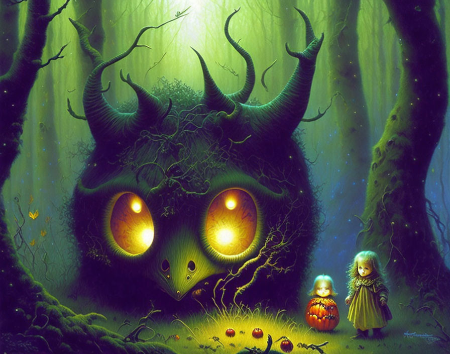 Enchanted forest with glowing-eyed creature, antlers, child, and jack-o'-lantern