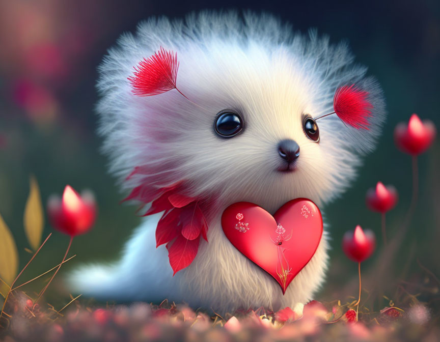 Fluffy White Creature with Heart-shaped Patches and Nose Among Red Blossoms