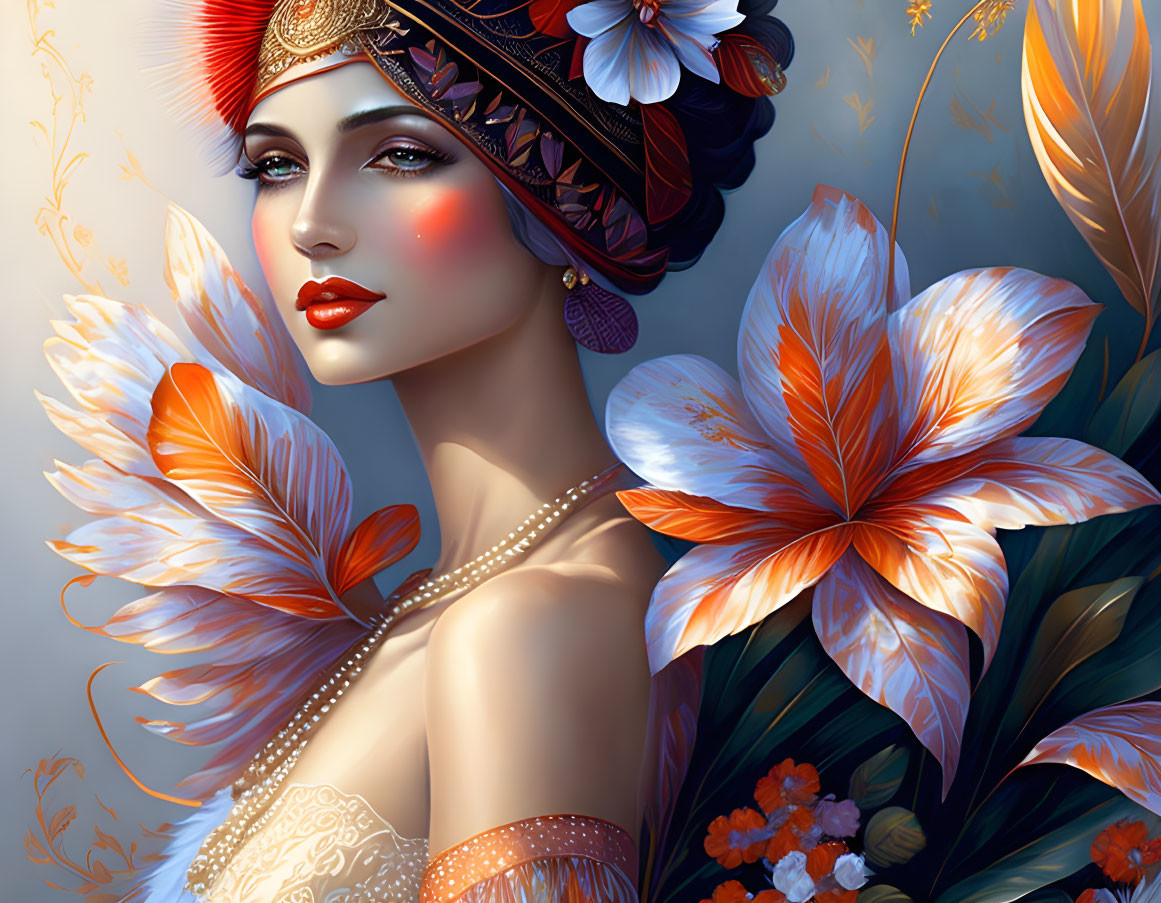 Stylized portrait of a woman with flowers, butterfly wings, and ornate headdress