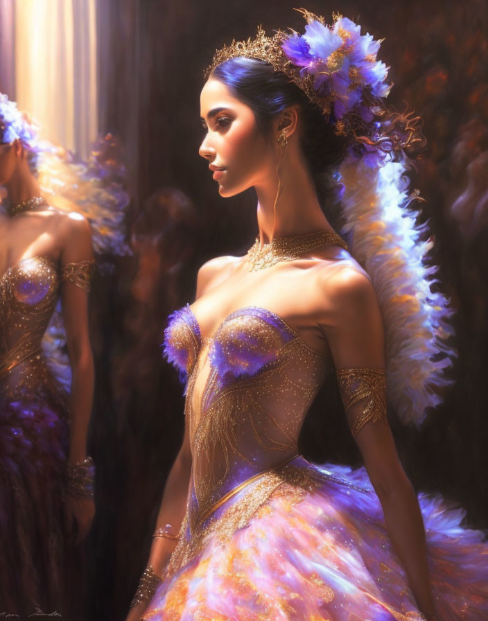 Opulent gown with feathers, florals, and jewels in soft golden light