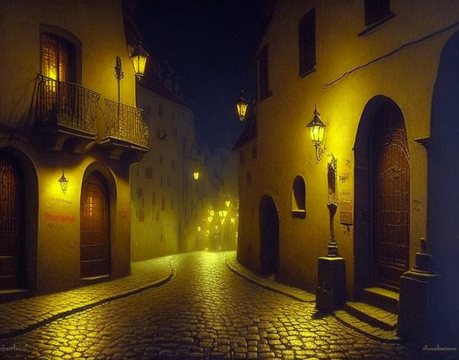 Historic town cobblestone street at night with warm glow