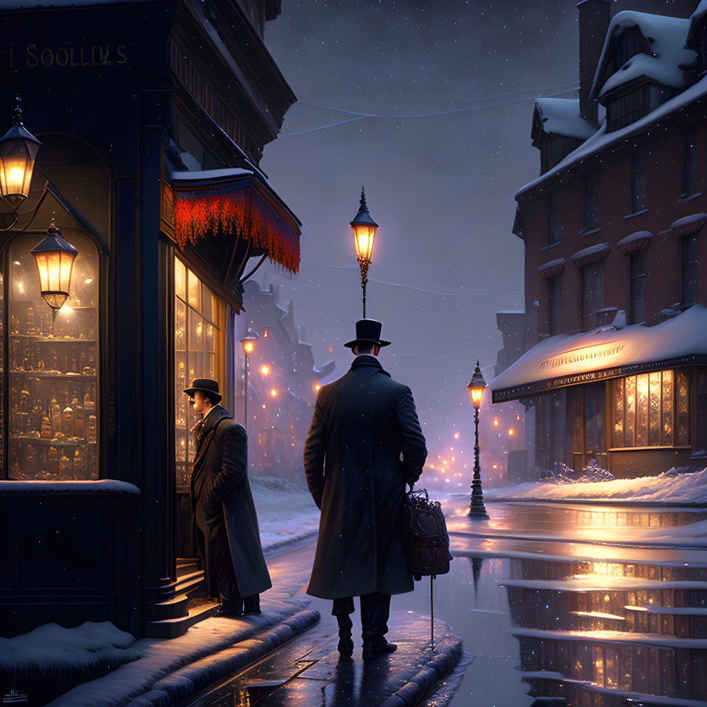 Man in fedora and trench coat gazes at warmly lit shop window on snowy, lamp-lit