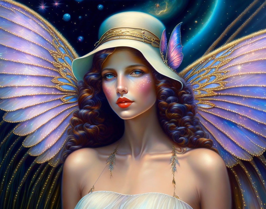 Woman with Wings and Hat in Mystical Night Sky Scene