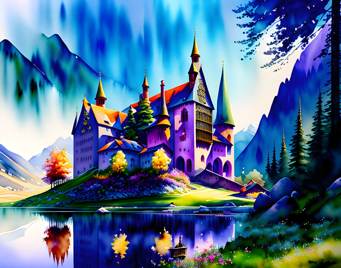 Colorful Illustration: Enchanting Castle by Lake, Mountains, Trees