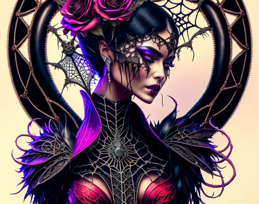 Detailed gothic portrait of a woman with intricate headgear, roses, web-like patterns, and dark