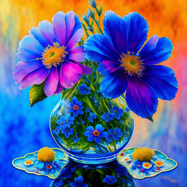 Colorful painting of blue and pink flowers in transparent vase