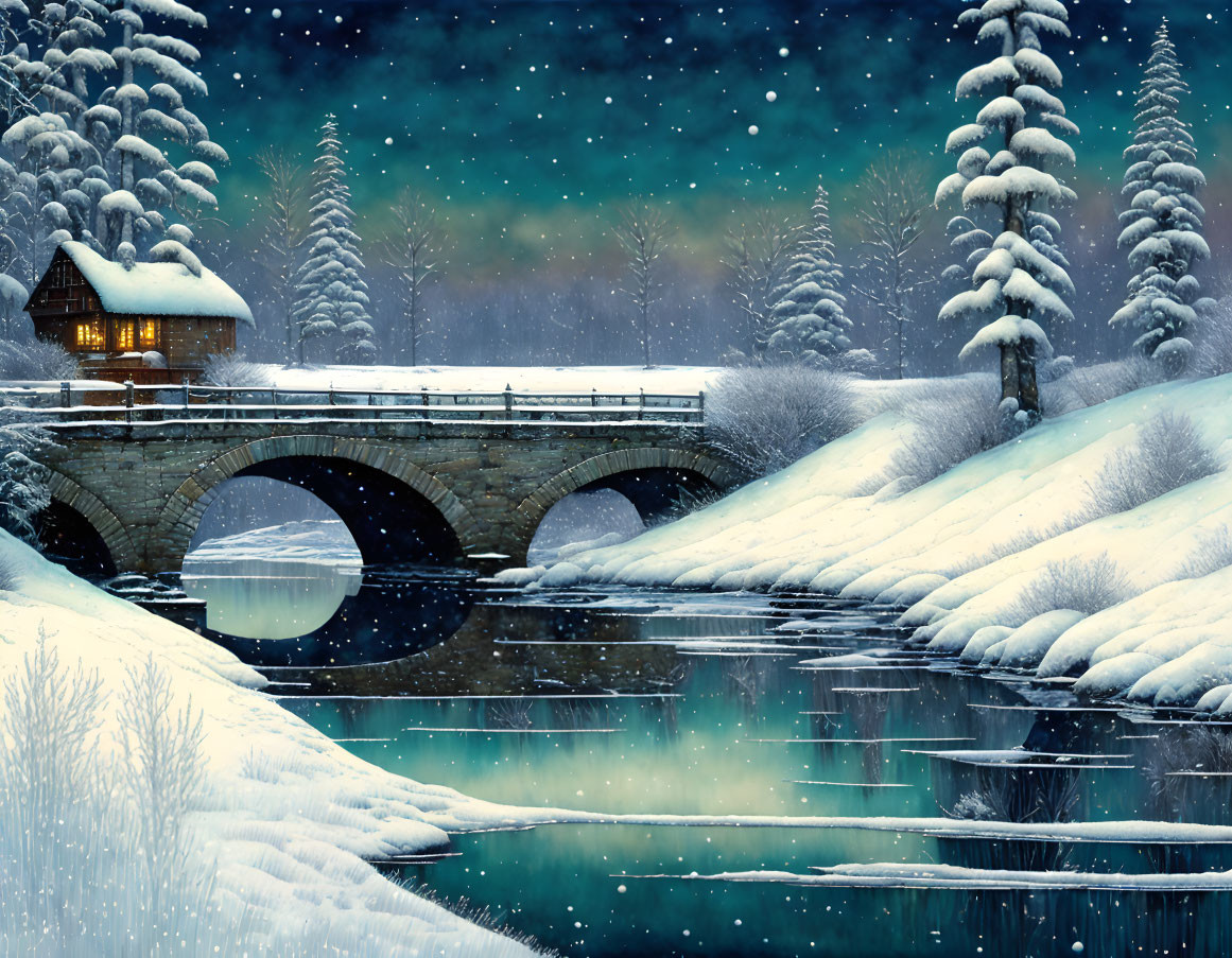 Snow-covered bridge over calm river in serene winter scene