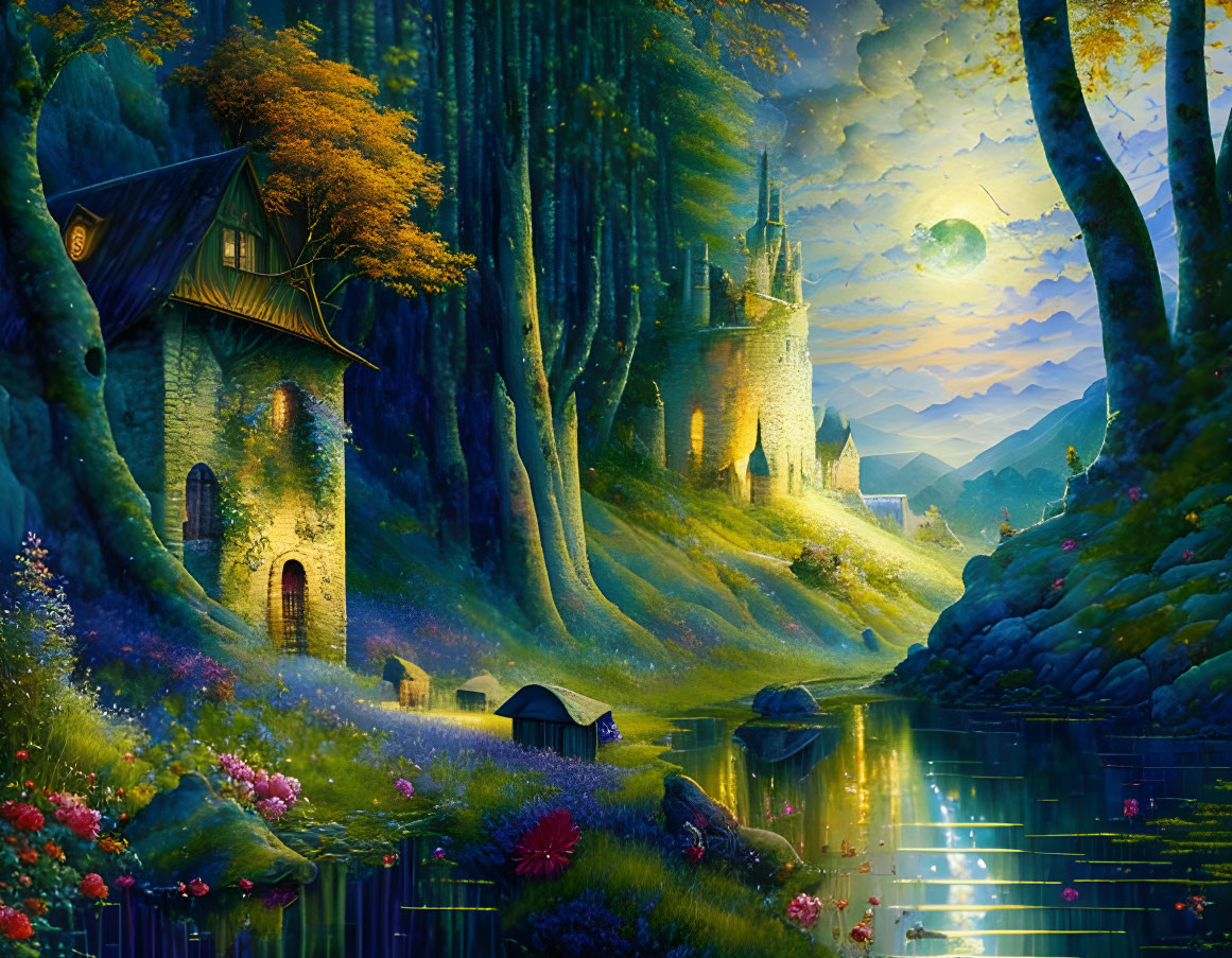 Fantasy landscape with glowing moon, river, flowers, house, and castle