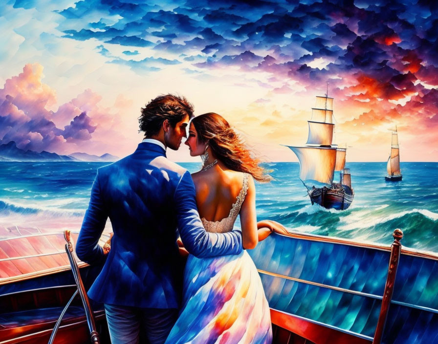 Couple in formal attire on boat under vibrant sky with sailing ships