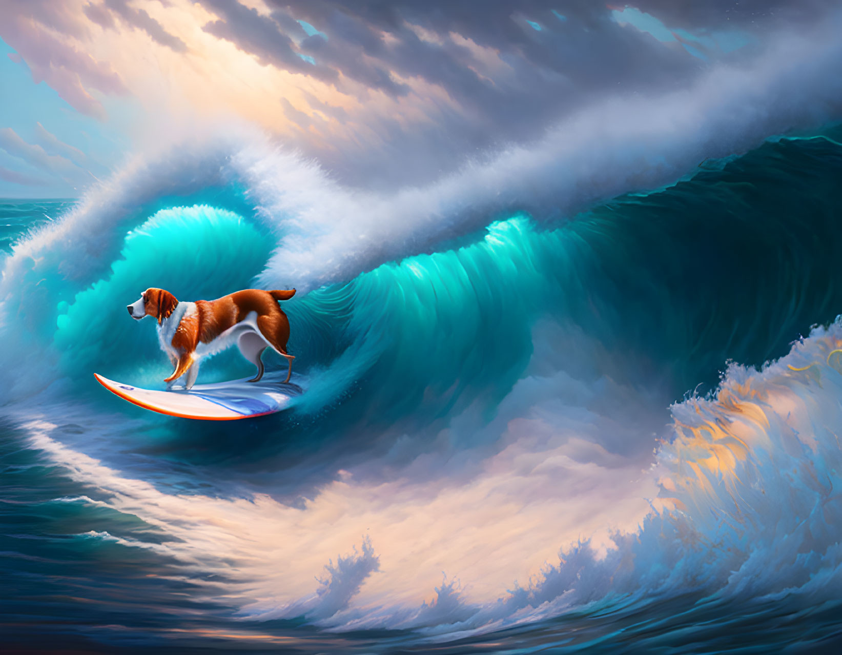 Red bandana dog surfing massive wave under dramatic sky