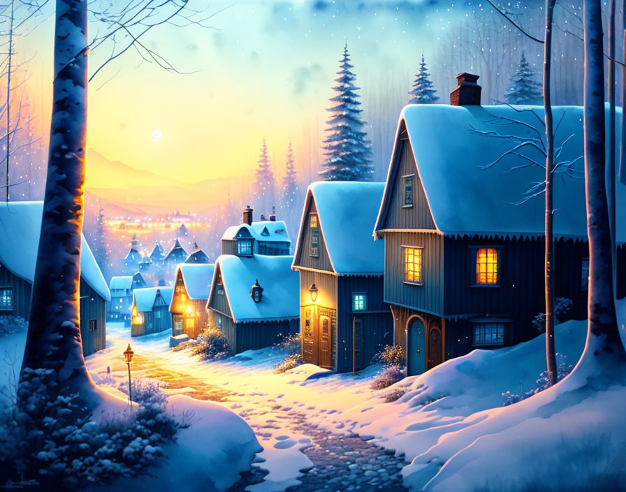 Snow-covered village at dusk with glowing lights and winter trees.