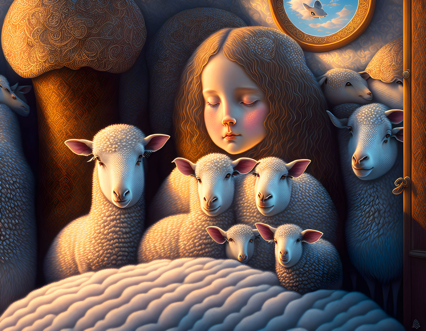 Surreal illustration of girl with expressive sheep in cozy interior