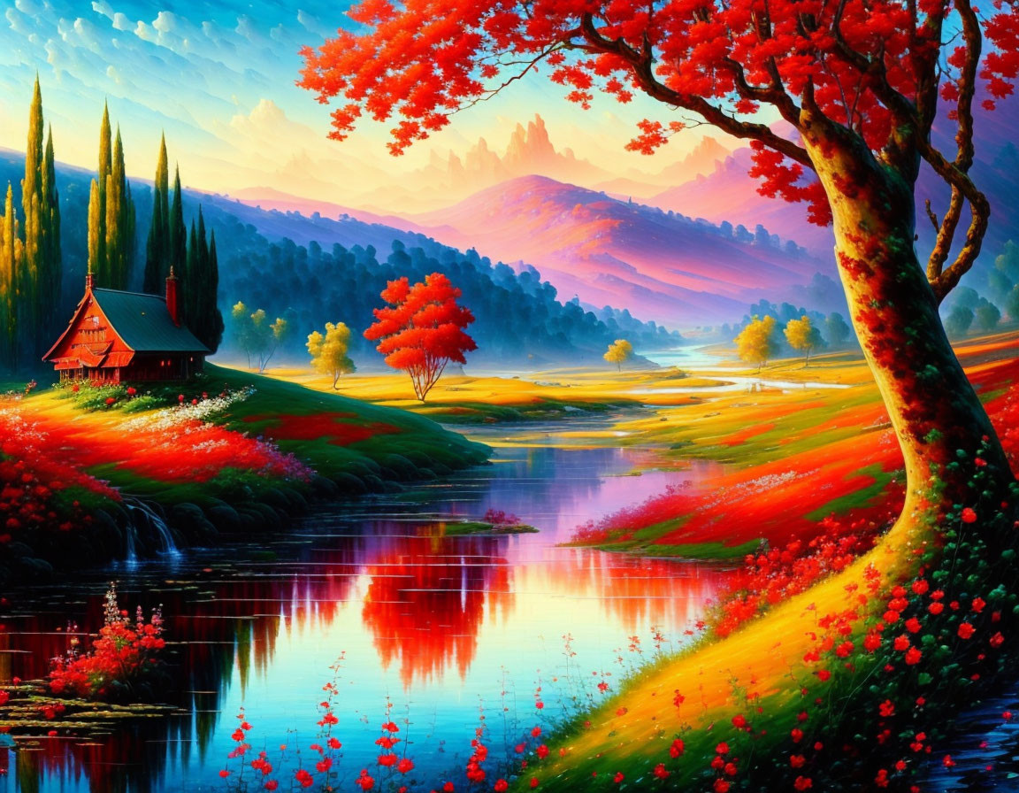 Scenic sunset landscape with red-roofed house by river and mountains